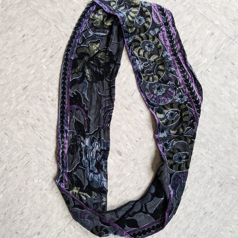 Artsy Burnout Velvet Infinity Scarf Floral Devore Art to Wear Purple Green Black - Picture 2 of 7